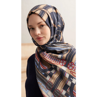 Retro Grid Yün İpek Şal - Lacivert