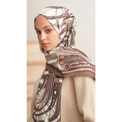 Retro Grid Yün İpek Şal - Vizon - Resim 1