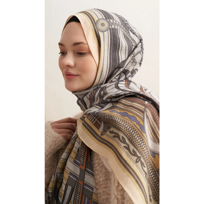 Retro Grid Yün İpek Şal - Soft Sarı - Resim 2