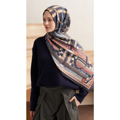 Retro Grid Yün İpek Şal - Lacivert - Resim 2