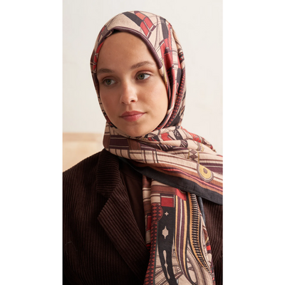 Retro Grid Yün İpek Şal - Kiremit - Resim 2