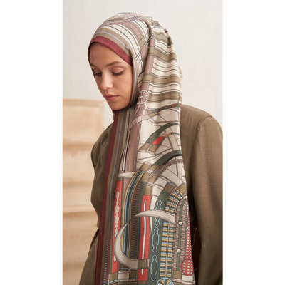 Retro Grid Yün İpek Şal - Haki - Resim 2