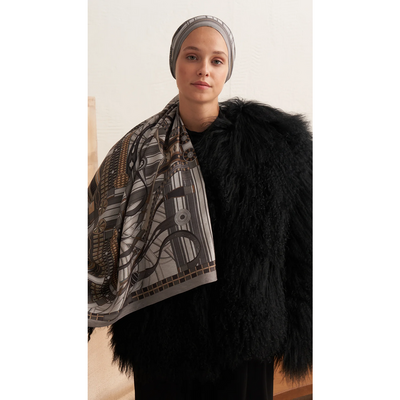 Retro Grid Yün İpek Şal - Antrasit - Resim 3