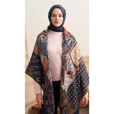 Buhara Yün İpek Omuz Şal - Lacivert - Resim 2