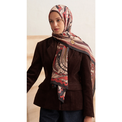 Retro Grid Yün İpek Şal - Kiremit - Resim 4
