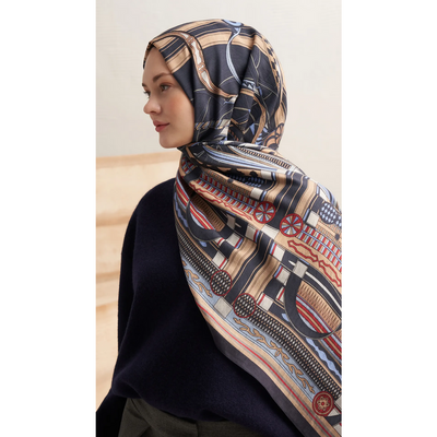 Retro Grid Yün İpek Şal - Lacivert - Resim 4