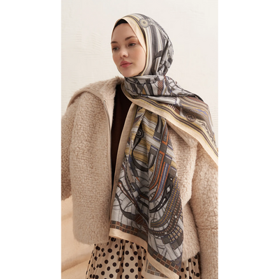 Retro Grid Yün İpek Şal - Soft Sarı - Resim 4