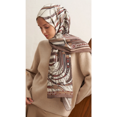 Retro Grid Yün İpek Şal - Vizon - Resim 3