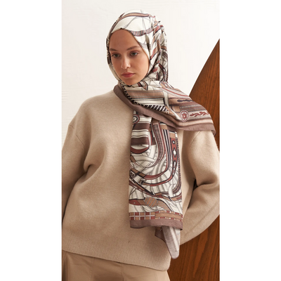 Retro Grid Yün İpek Şal - Vizon - Resim 2