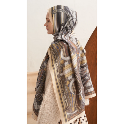 Retro Grid Yün İpek Şal - Soft Sarı - Resim 1