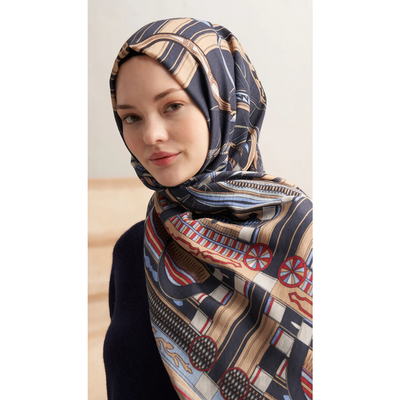 Retro Grid Yün İpek Şal - Lacivert - Resim 1