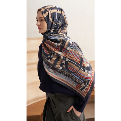 Retro Grid Yün İpek Şal - Lacivert - Resim 3