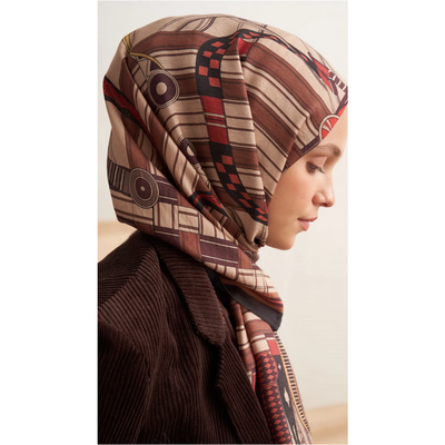 Retro Grid Yün İpek Şal - Kiremit - Resim 3