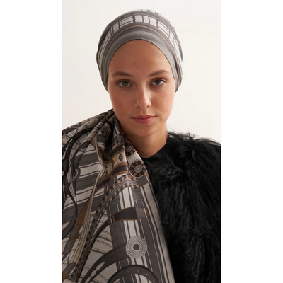 Retro Grid Yün İpek Şal - Antrasit - Resim 2